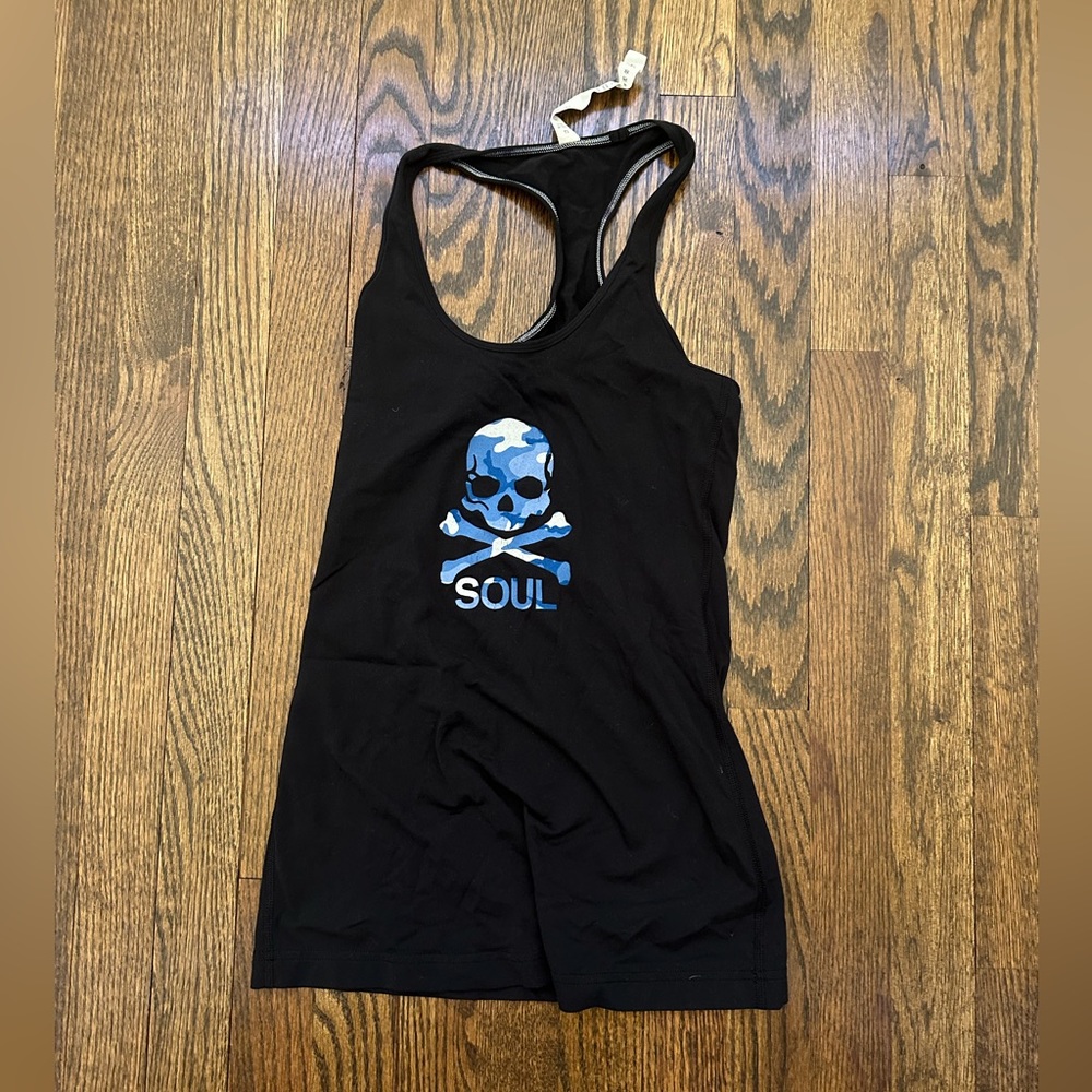 Lululemon black workout tank with blue camo print skull